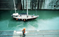 Sailing yacht in a lock chamber of the Panama Canal